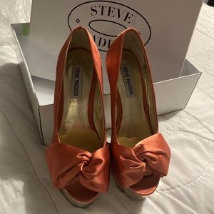 Orange Satin Shoes with Silver Platform and Heel